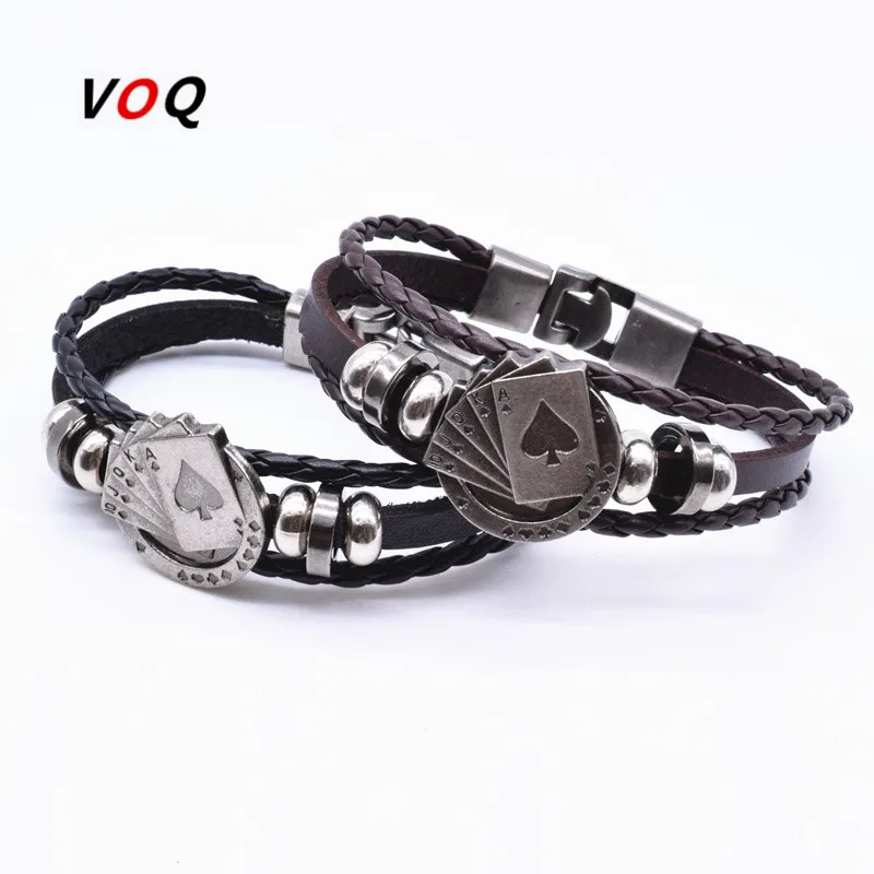Vintage Vegas Fashion - สร้อยข้อมือหนังถักหลายชั้นสไตล์เรโทรใหม่ ลายไพ่ราชาเวกัส ของขวัญเครื่องประดับมิตรภาพ