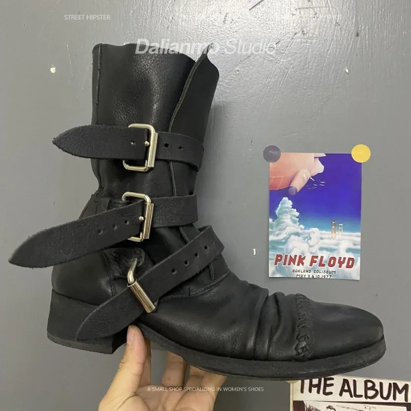 Vintage Fashion Boots - รองเท้าบูทหนังแท้สไตล์วินเทจสำหรับผู้ชายและผู้หญิง แบบมีสายรัดหัวเข็มขัด ส้นหนา ทรงคาวบอยตะวันตก แบบย่น