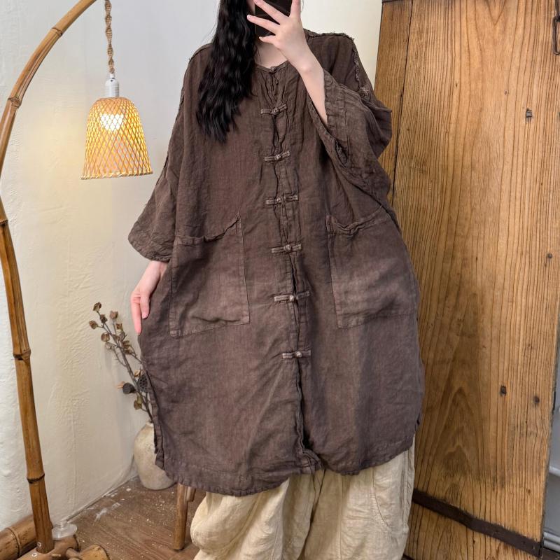 Tie Dye Shirt Vintage - ฤดูร้อนใหม่ศิลปะสไตล์ผู้หญิง Batwing แขนเสื้อหลวมยาวผ้าฝ้ายคุณภาพสูงผ้าลินินเดี่ยว Breasted Gradient เสื้อวินเทจ
