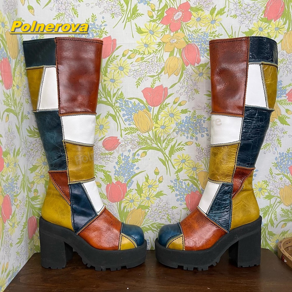 Vintage Fashion Boots - รองเท้าบูทหนังทรงสูงถึงเข่าสไตล์เรโทรสำหรับผู้หญิง ตกแต่งด้วยผ้าปะติดหลากสี พื้นหนา ส้นหนา สไตล์วินเทจ Y2K