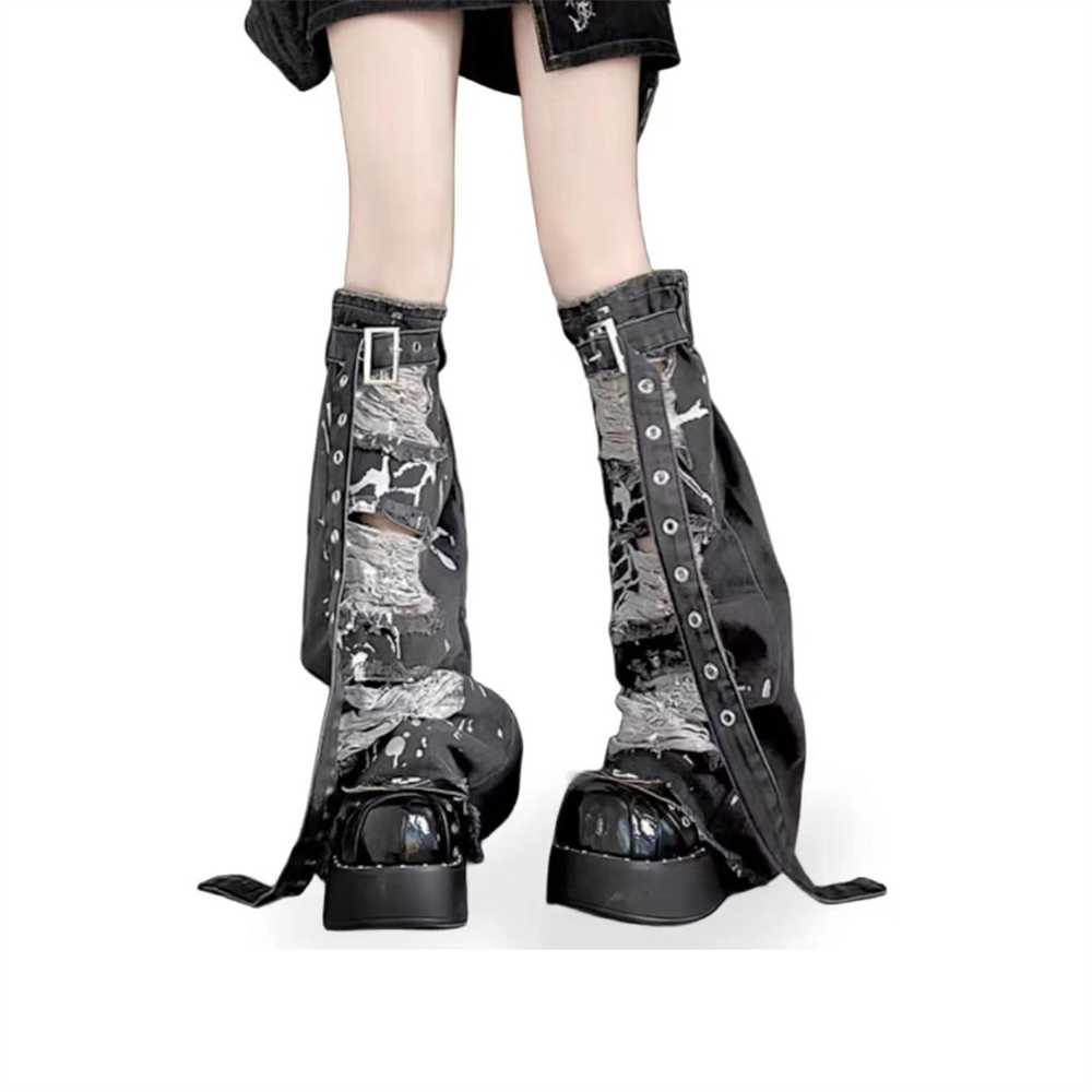 Z Vintage Fashion - ถุงเท้ายาวถึงเข่าแบบญี่ปุ่นถุงน่องผ้ายีนส์เจาะรูสีเทาแนวสตรีท Y2K แนววินเทจทรงหลวมแฟชั่น