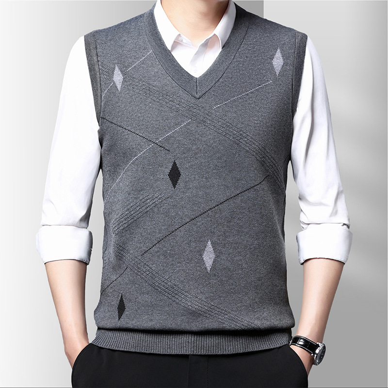 Vintage Fashion Korea - เสื้อสเวตเตอร์ลำลองแขนกุดผ้าแจ็คการ์ดคอวีสำหรับผู้ชาย, เสื้อแขนกุดอบอุ่นแฟชั่นเกาหลีลำลองใหม่ฤดูใบไม้ผลิ