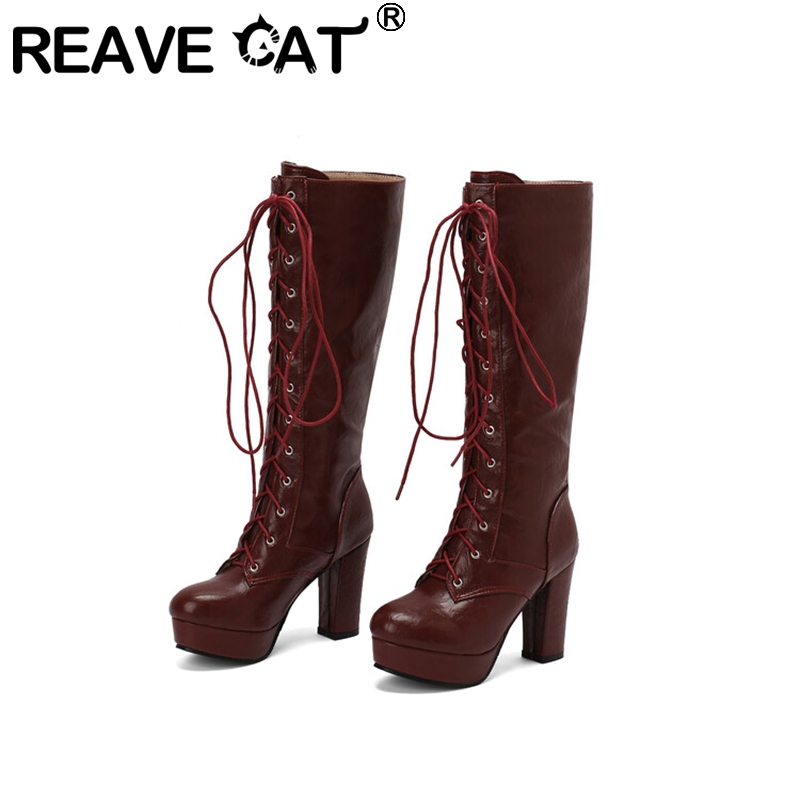 Vintage Fashion Boots - Reave รองเท้าบูตยาวถึงเข่าสำหรับผู้หญิงแนววินเทจรองเท้าหัวกลมส้นตึกขนาด10ซม. 3ซม. สายรัดคอร์สไซส์48 49แฟชั่นประจำวัน