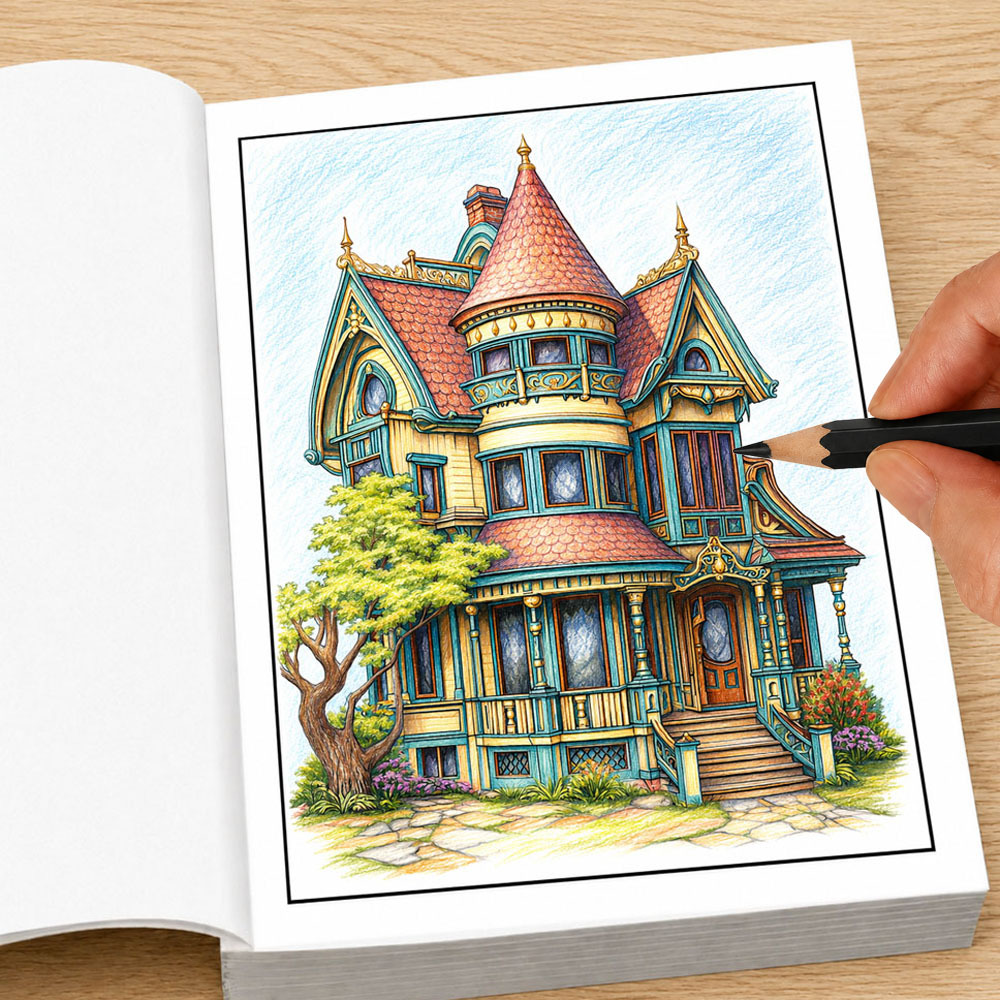 Vintage Fashion Coloring Book - สมุดระบายสีสำหรับผู้ใหญ่ลายบ้านสไตล์วิคตอเรียน 28 หน้า ลวดลายคฤหาสน์โบราณ สง่างาม บรรเทาความเครียด