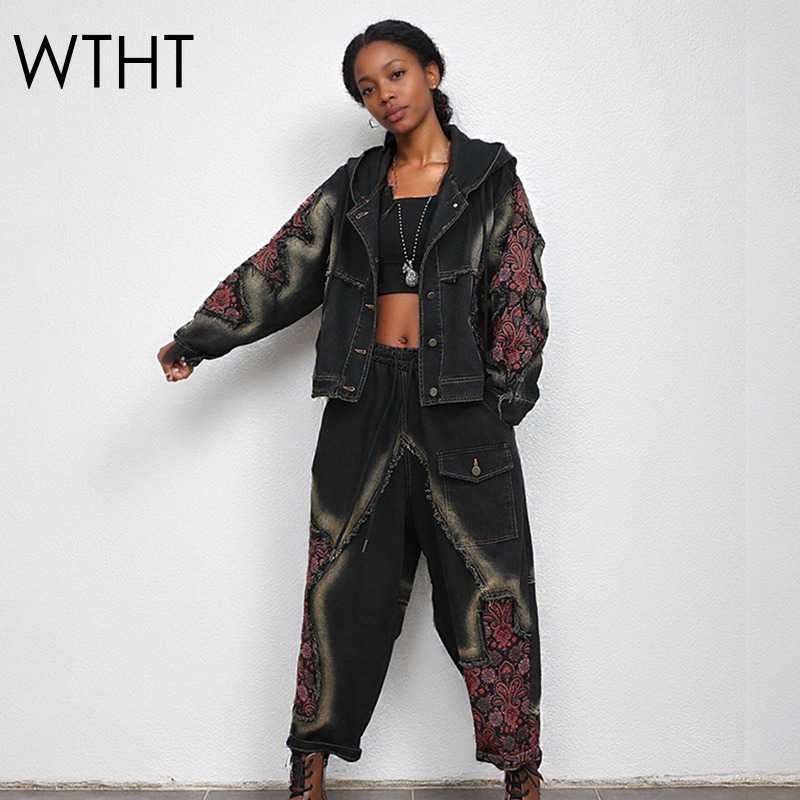 Patchwork Jean Jacket - เสื้อแจ็คเก็ตยีนส์ผู้หญิง WTHT แฟชั่น แขนยาว มีฮู้ด แต่งผ้าปะติด