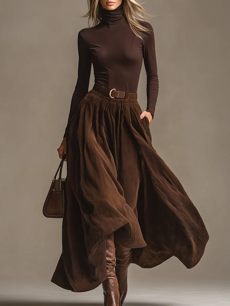 Vintage Fashion Retro Outfit - ชุดเซ็ต 2 ชิ้น เสื้อคอเต่าแขนยาว + กระโปรงยาวผ้าลูกฟูก