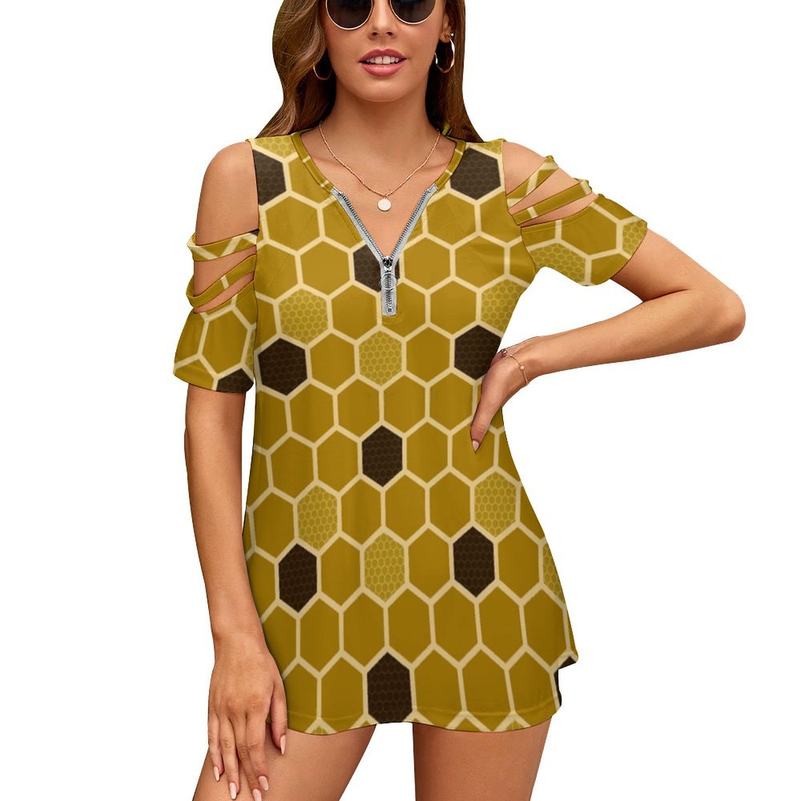 Vintage Fashion Bug - Honeycomb ใหม่แฟชั่น Zip Off ไหล่แขนสั้นผู้หญิงเสื้อรังผึ้ง Bees