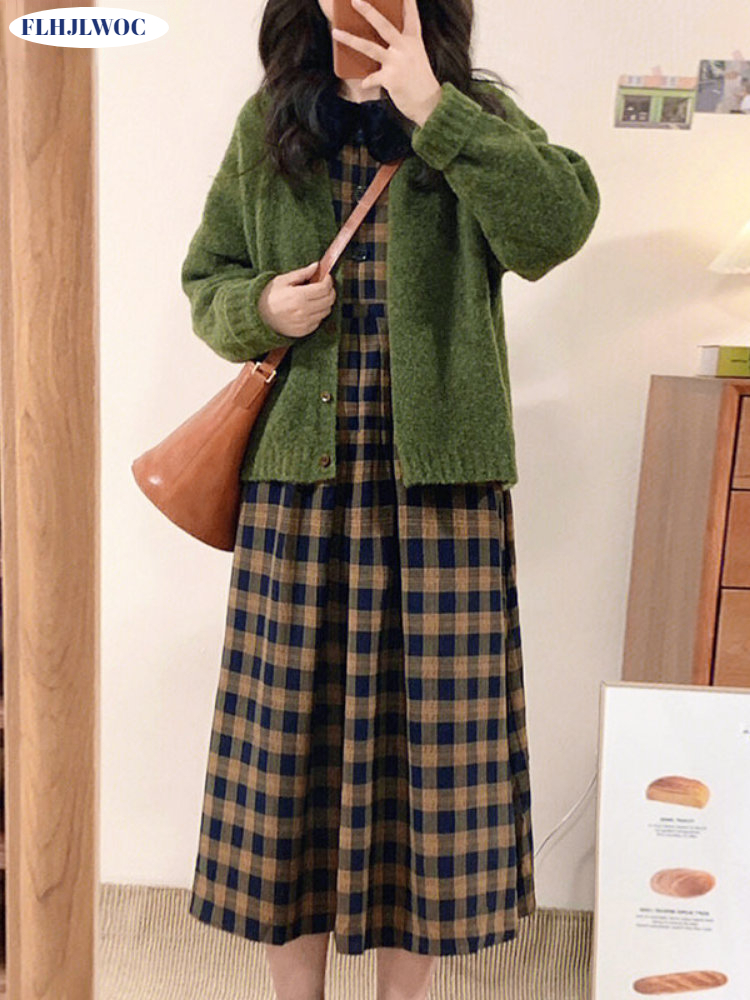 Vintage Fashion Korea - กาแฟลายสก๊อต2023ชุดแฟชั่นสตรีออกแบบใหม่ Chic เกาหลีแฟชั่นญี่ปุ่น Mori สาวสไตล์ Retro
