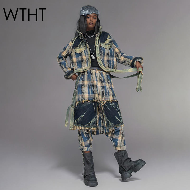 Patchwork Jean Jacket - WTHTแฟชั่นผู้หญิงไม่สม่ําเสมอPatchworkปกDENIMแจ็คเก็ตอินเทรนด์ 2025 ฤดูร้อนBurr EDGE Elasticเอวกางเกงยีนส์หญิง 1LS1809