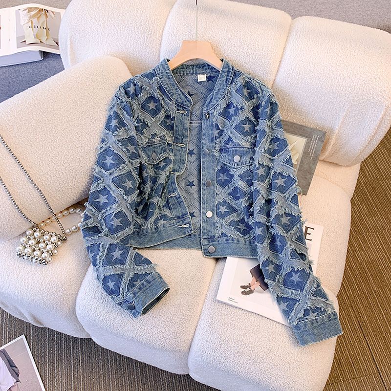 Patchwork Jean Jacket - เสื้อโค้ทผู้หญิง เสื้อแจ็คเก็ตยีนส์ คอกลม สไตล์ Y2k สตรีทแวร์