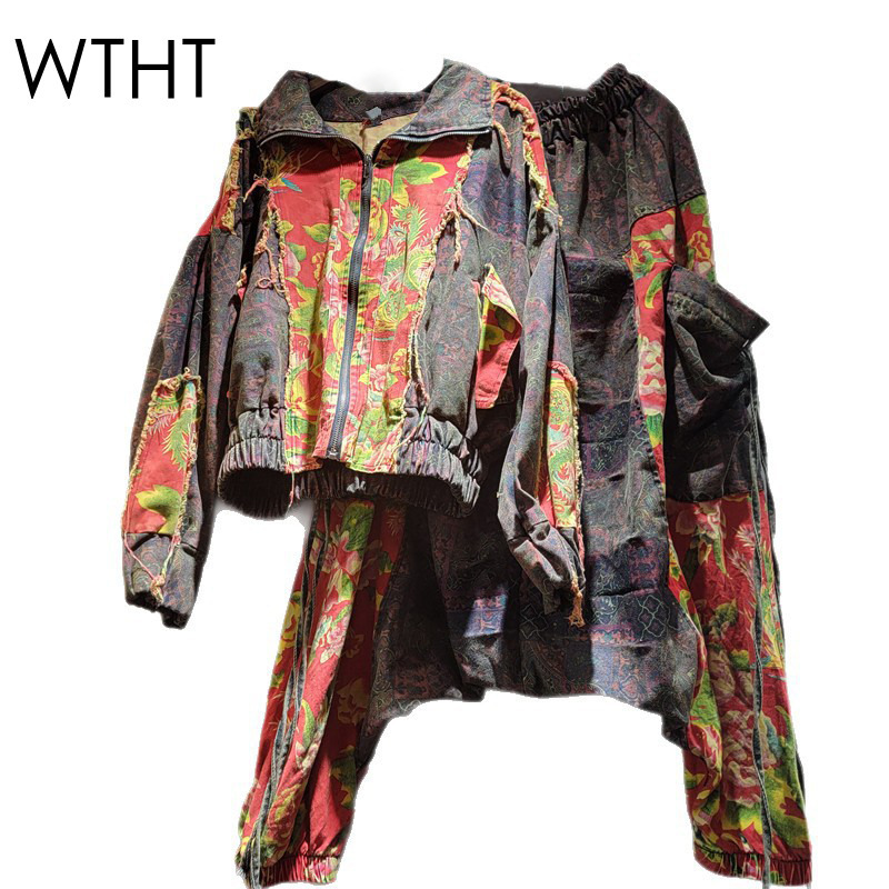 Patchwork Jean Jacket - ชุดยีนส์ผู้หญิงสไตล์วินเทจทันสมัย ลายปะติด แขนยาว แจ็คเก็ตเดนิม กางเกงยีนส์เอวยางยืด รุ่น