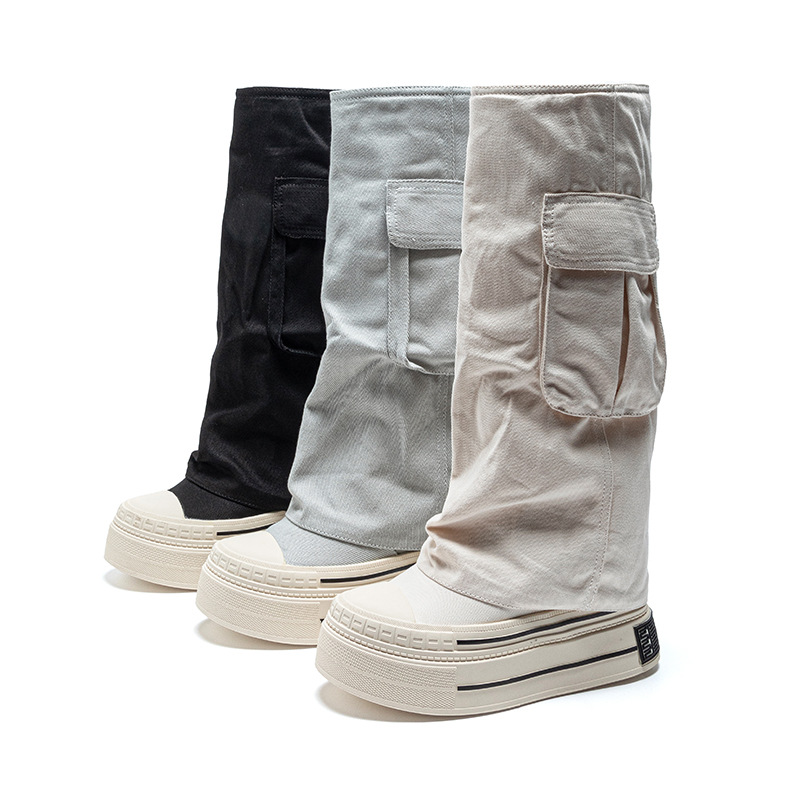 Vintage Fashion Boots - รองเท้าบูทแฟชั่นสีน้ำตาลทรงวินเทจ ส้นสูงแบบแพลตฟอร์ม ผ้าเดนิมแคนวาส 12 ซม. คอลเลคชั่นฤดูใบไม้ร่วง-ฤดูหนาว