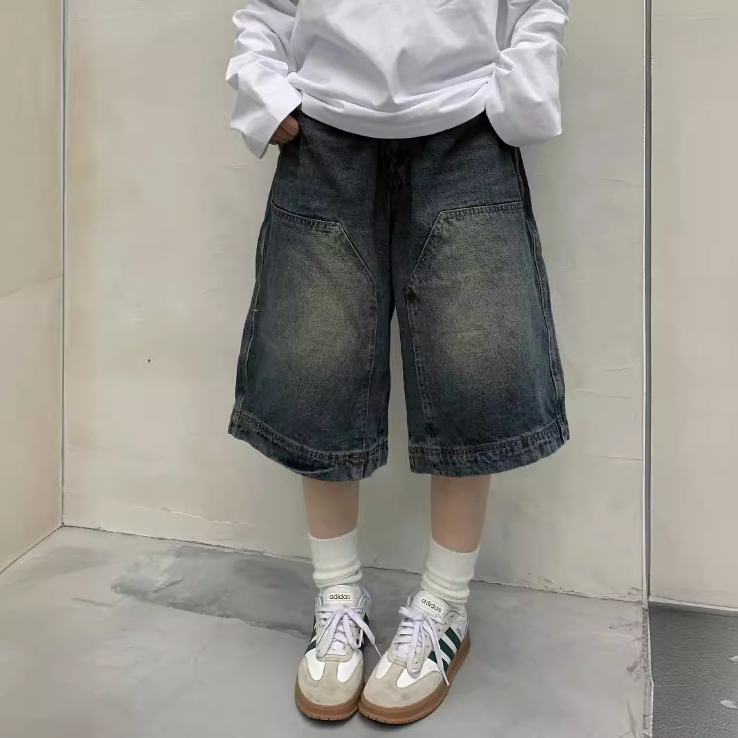 Vintage Fashion Jeans - กางเกงยีนส์ขาสั้นทรงหลวมสไตล์วินเทจ Y2K สำหรับผู้หญิง กางเกงคาปรีขากว้างทรงลำลอง กางเกงยีนส์ทรงบาร์เรล กางเกงยีนส์ขาสั้นทรงโอเวอร์ไซส์สำหรับผู้ชาย