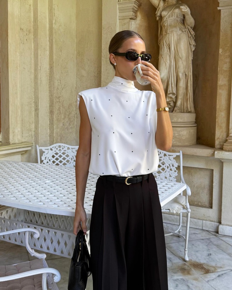 Vintage Fashion Vogue - เสื้อกล้ามแขนกุดลายจุด คอสูง แฟชั่นวินเทจ สไตล์หรูหรา ทันสมัย สำหรับผู้หญิง