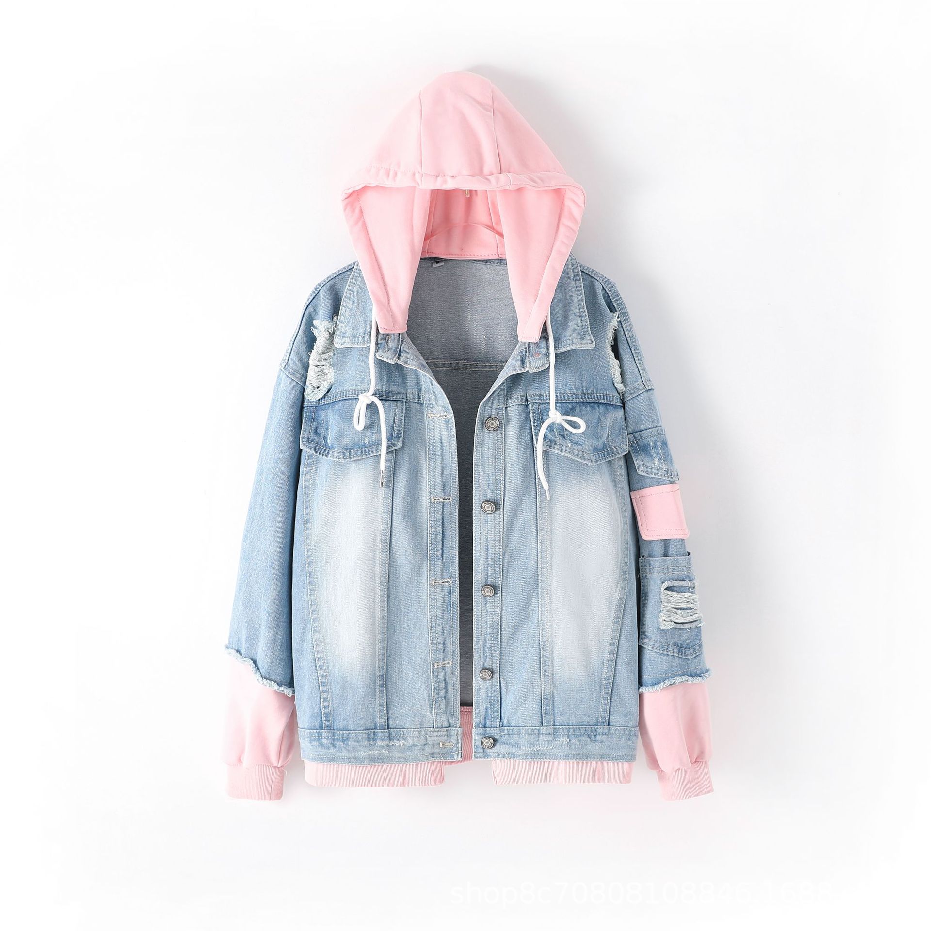 Patchwork Jean Jacket - แจ็กเก็ตยีนส์สไตล์ยุโรปมีฮู้ดทรงหลวมมีรูกระดุมแถวเดียวสำหรับฤดูใบไม้ร่วงและฤดูใบไม้ผลิ