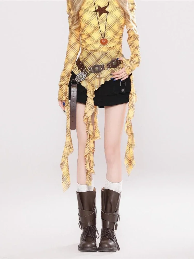 Vintage Fashion Aesthetic - เสื้อยืดวินเทจลายสก๊อต Y2K สำหรับผู้หญิง, เสื้อรัดรูปสไตล์กรันจ์, เซ็กซี่สไตล์แฟรี่