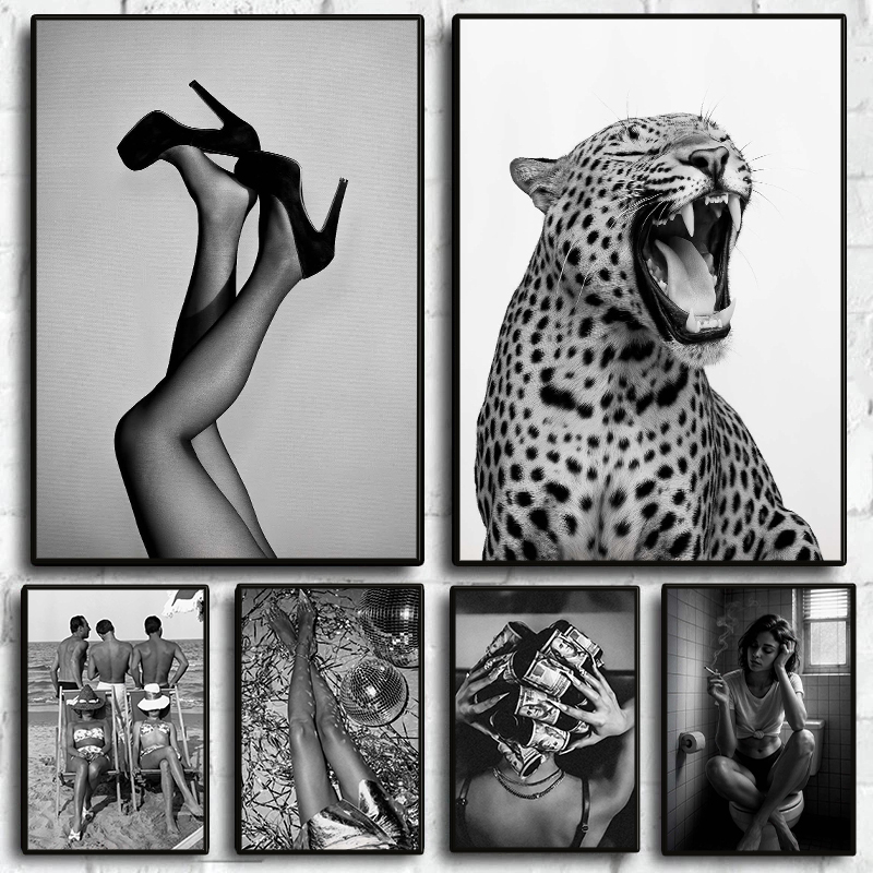 Vintage Vogue Fashion Poster - โปสเตอร์แฟชั่นสุดเก๋ ขาวดำ ภาพวาดบนผ้าใบลายเสือดาว ผู้หญิงเซ็กซี่ สไตล์วินเทจ งานศิลปะตกแต่งผนังสุดหรู