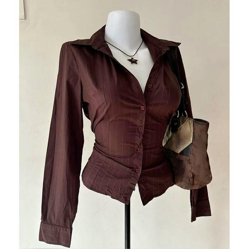 Vintage Fashion Korea - 2025 ฤดูร้อนใหม่Retro Classicเสื้อหญิงเกาหลีแฟชั่นแขนยาวSlimเสื้อลายY2kสีน้ําตาลSingle-Breasted Topsผู้หญิงใหม่