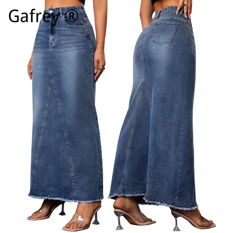 Vintage Fashion Jeans - กระโปรงยีนส์ทรงเอ midi เอวสูง ปลายบานทรงหางปลา แต่งชายรุ่ย ทรงเข้ารูป