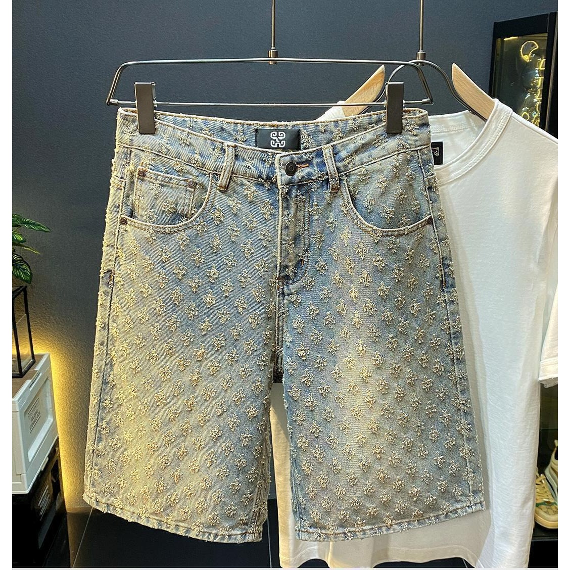 Vintage Fashion Jeans - กางเกงยีนส์ขาสั้นผู้ชายสไตล์ลำลอง เอวสูงปานกลาง ทรงหลวม แฟชั่นวินเทจ ความยาวระดับเข่า เหมาะสำหรับฤดูร้อน