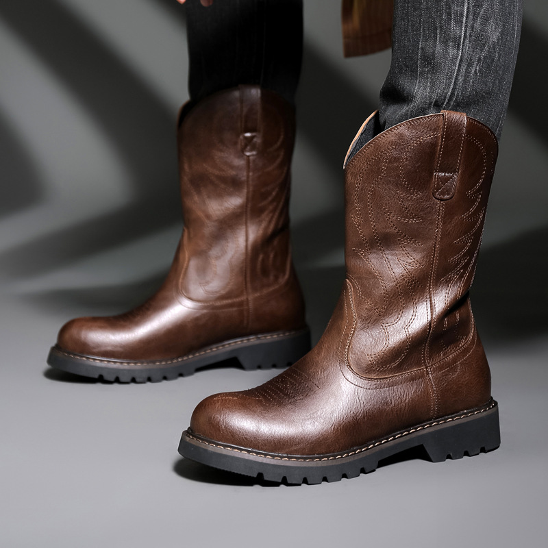 Vintage Fashion Boots - รองเท้าบูทคาวบอยผู้ชายแฟชั่น รองเท้าบูทอัศวินปักลายวินเทจ รองเท้าบูทหิมะผู้ชายสำหรับฤดูหนาว รองเท้าบูทมอเตอร์ไซค์ รองเท้าผู้ชาย รองเท้าผู้หญิง