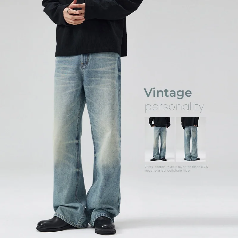 Vintage Fashion Korea - ผู้ชายฤดูใบไม้ร่วงVINTAGEกางเกงยีนส์แฟชั่นตรงBaggyบุคลิกภาพกว้างกางเกงStreetwearชายหนุ่มเกาหลีDENIMกางเกง