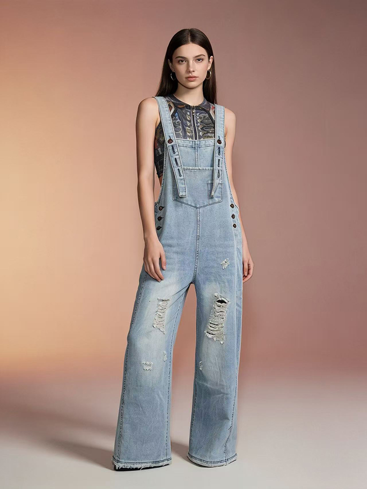 Vintage Fashion Jeans - กางเกงยีนส์โอเวอร์ออลแฟชั่นสไตล์เรโทร ขาดๆ เซอร์ๆ สำหรับผู้หญิง รุ่นใหม่ ทรงหลวม