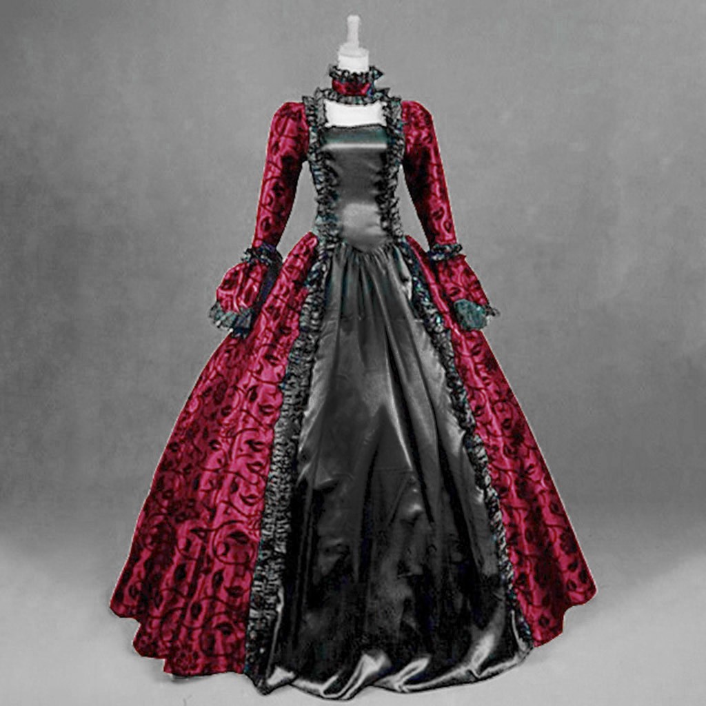 Vintage Fashion Dress - ชุดเดรสวินเทจผู้หญิง ดีไซน์ประณีต สไตล์โกธิคย้อนยุค ลายดอกไม้ พิมพ์ลาย ชุดราตรีทรงบอลกาวน์