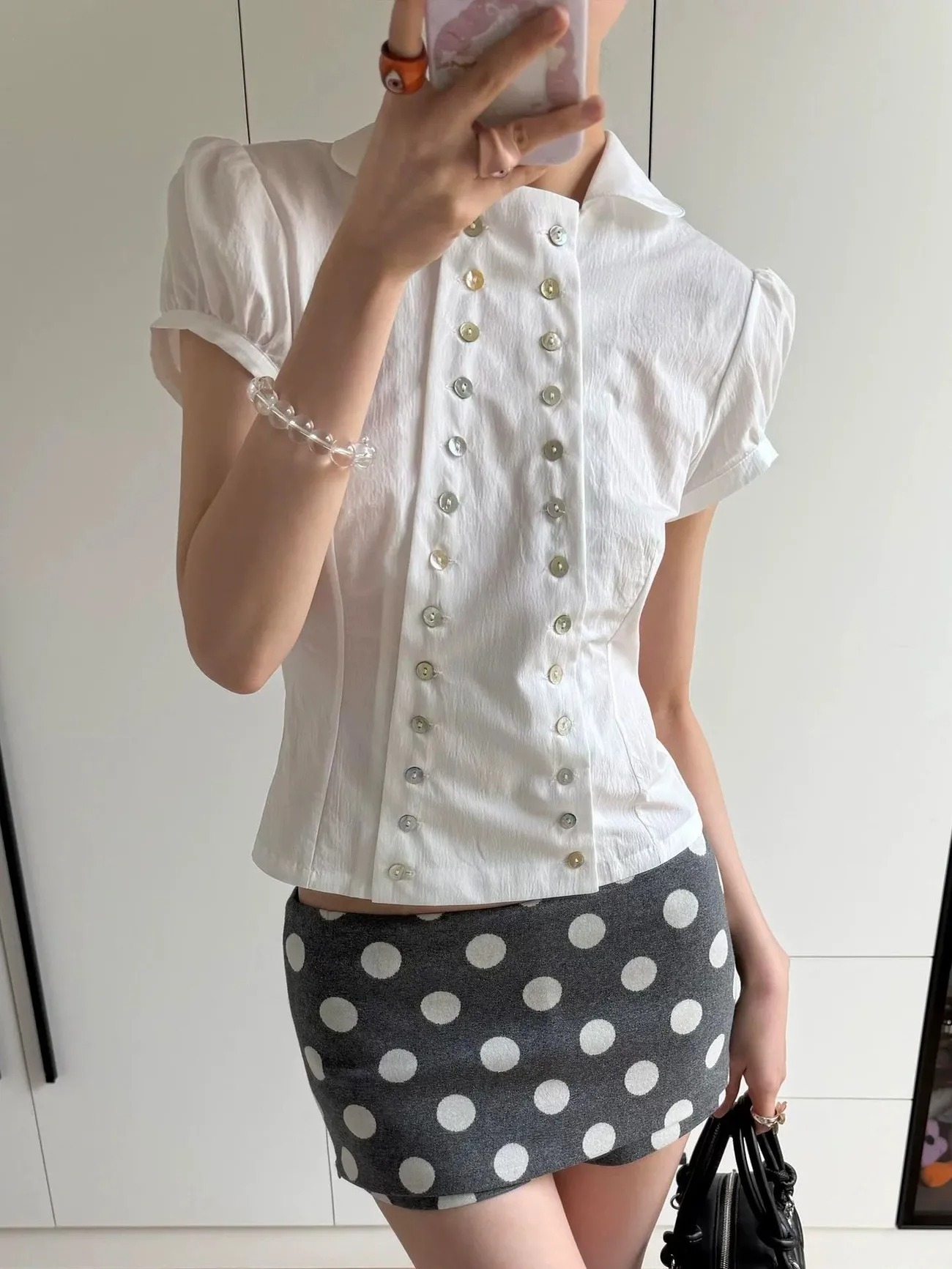 Vintage Fashion Korea - เสื้อเบลาส์คอปีเตอร์แพนสไตล์ Y2K แขนพอง ทรงเข้ารูป วินเทจ ฮาราจูกุ