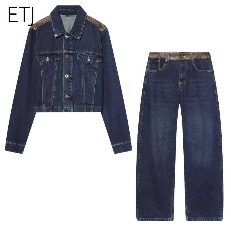 Patchwork Jean Jacket - ชุดแจ็คเก็ตยีนส์และกางเกงยีนส์ผู้หญิง ETJ แต่งหนังแบบครอป ทรงโอเวอร์ไซส์ กางเกงขายาวทรงกว้าง แฟชั่นปี