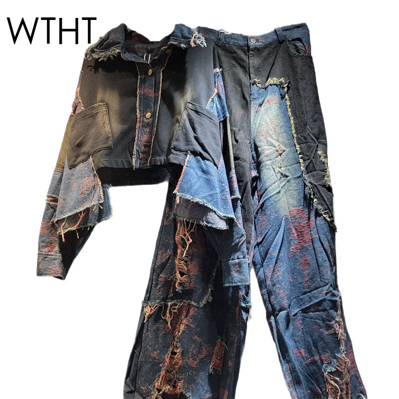 Patchwork Jean Jacket - WTHT ใหม่แฟชั่นผู้หญิง Patchwork ล้างแขนยาว DENIM แจ็คเก็ตเอวสูงตรงกางเกงยีนส์หญิง