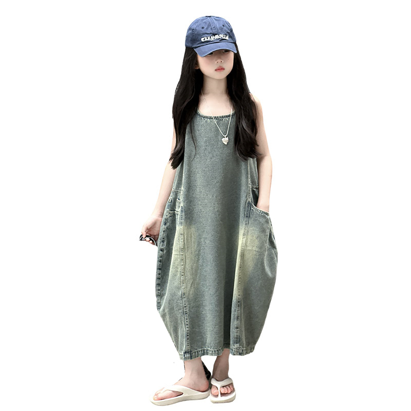Vintage Fashion Jeans - Vintage Blue เด็กหญิงคุณภาพสูงแขนกุด Denim ชุด Streetwear