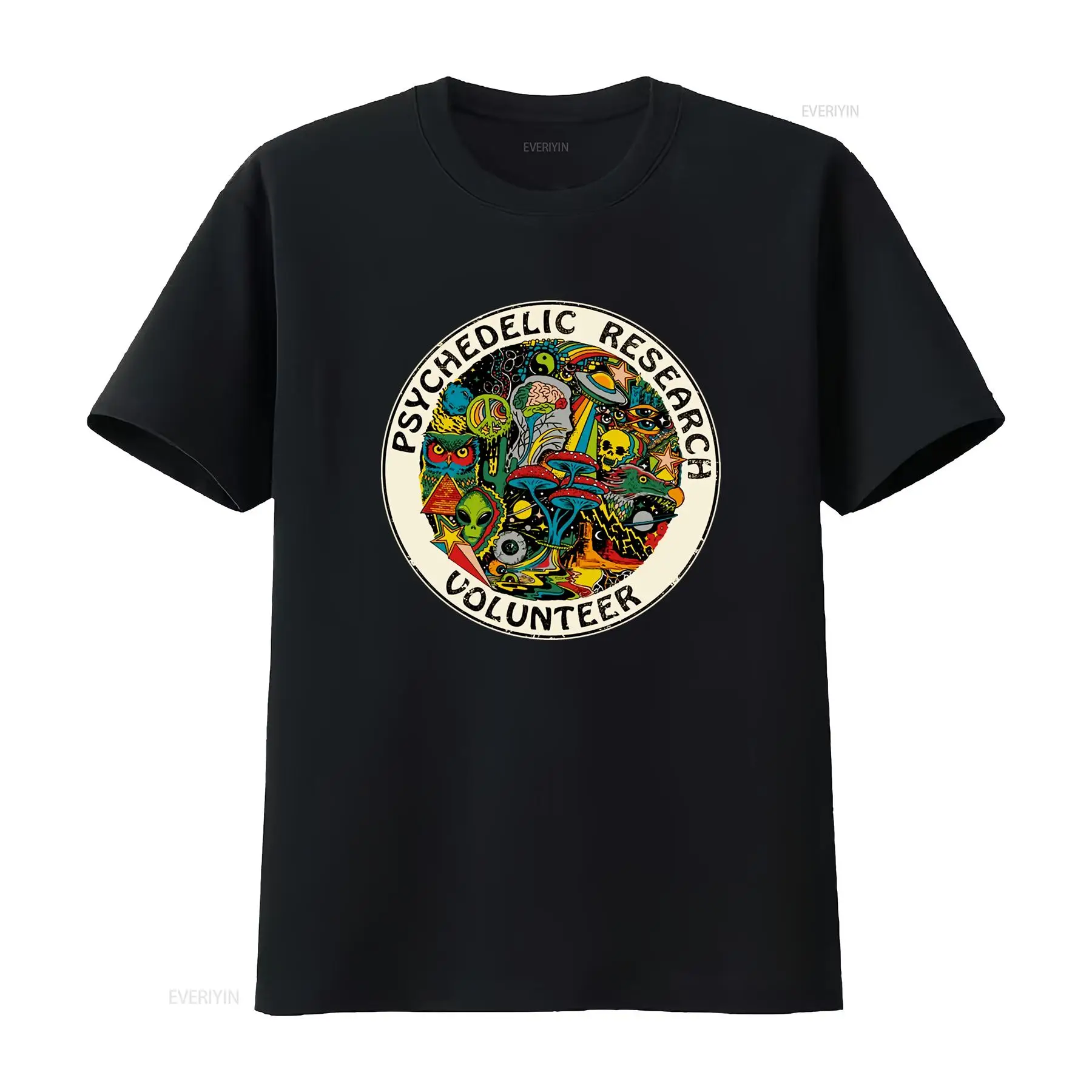 Vintage Fashion Research - เสื้อยืดลายกราฟิกวินเทจสไตล์ Psychedelic Research Volunteer ดีไซน์เท่ห์ ผ้าเนื้อนุ่ม