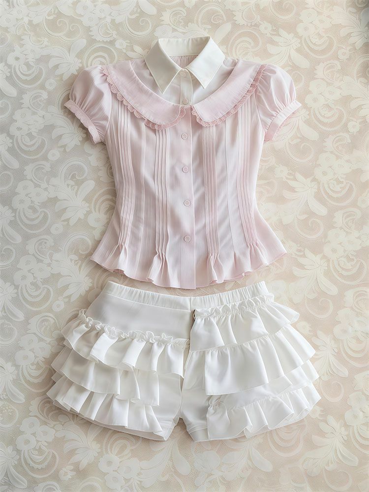 Vintage Fashion Korea - ชุดเซ็ต 2 ชิ้น เสื้อโปโล+กางเกงขาสั้น สไตล์ฮาราจูกุ เกาหลี