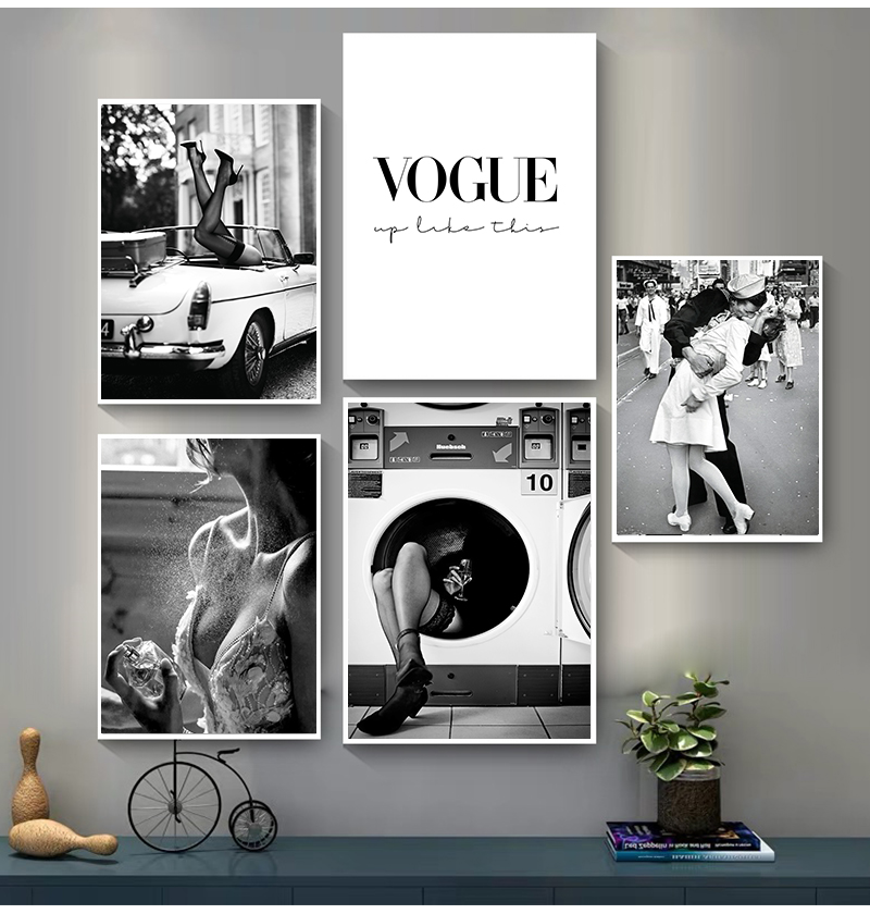 Vintage Vogue Fashion Poster - ภาพผู้หญิงสำหรับห้องนั่งเล่น แฟชั่นวินเทจ ของตกแต่งบ้าน โปสเตอร์แฟชั่น ภาพพิมพ์ติดผนัง ภาพวาดบนผ้าใบขาวดำ