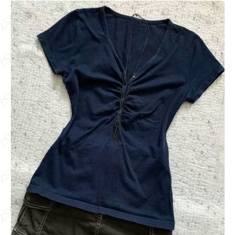 Vintage Fashion Korea - ความงามเสื้อ T 90s Vintage เสื้อผ้าผู้หญิงฤดูร้อนเกาหลีแฟชั่นปุ่มสีฟ้า Tees