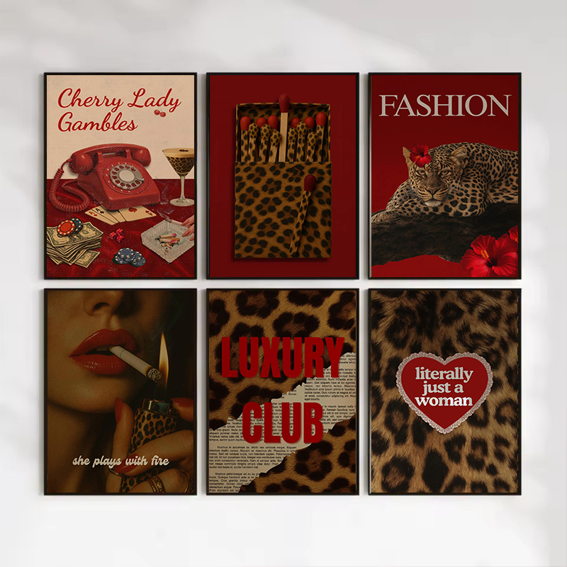 Vintage Vogue Fashion Poster - แฟชั่นลายเสือดาว โปสเตอร์ติดผนัง ภาพพิมพ์สไตล์วินเทจสำหรับสาวๆ ภาพวาดบนผ้าแคนวาส ภาพสีแดงสไตล์เรโทรสุดหรู สำหรับตกแต่งบ้านและบาร์