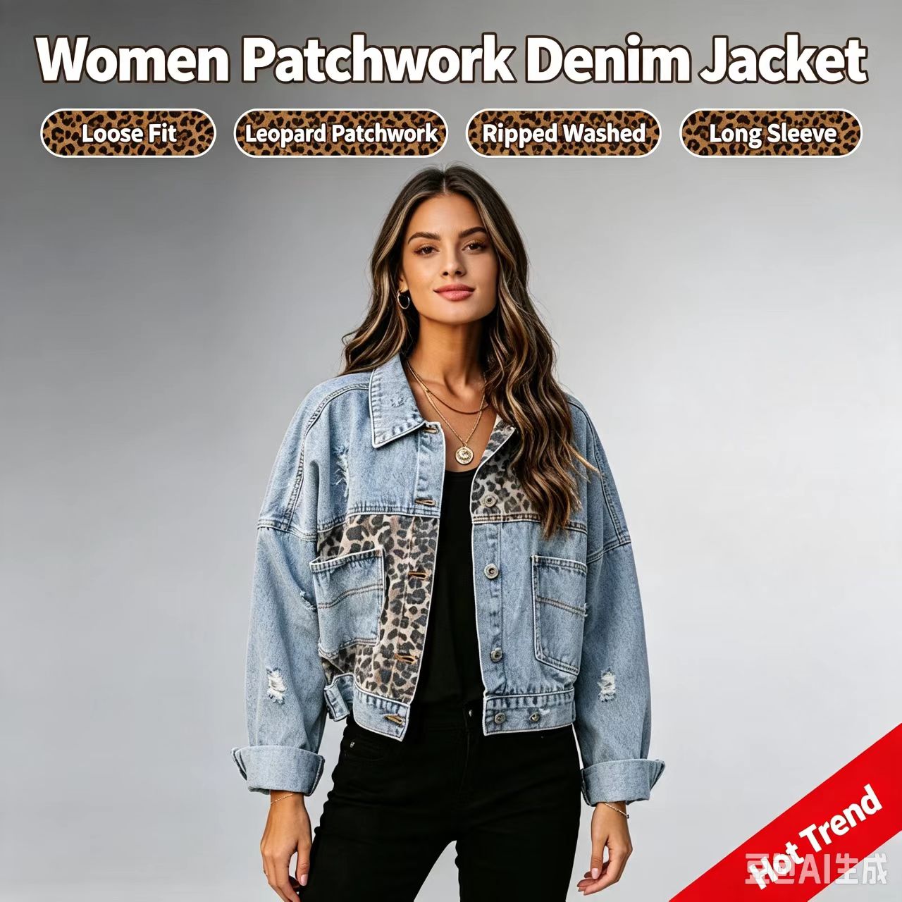 Patchwork Jean Jacket - เสื้อแจ็คเก็ตยีนส์สตรีทแวร์ผู้หญิงลายเสือดาวแบบปะติดปะต่อ แขนยาว คอปก ทรงหลวม สไตล์วินเทจ รุ่นปี