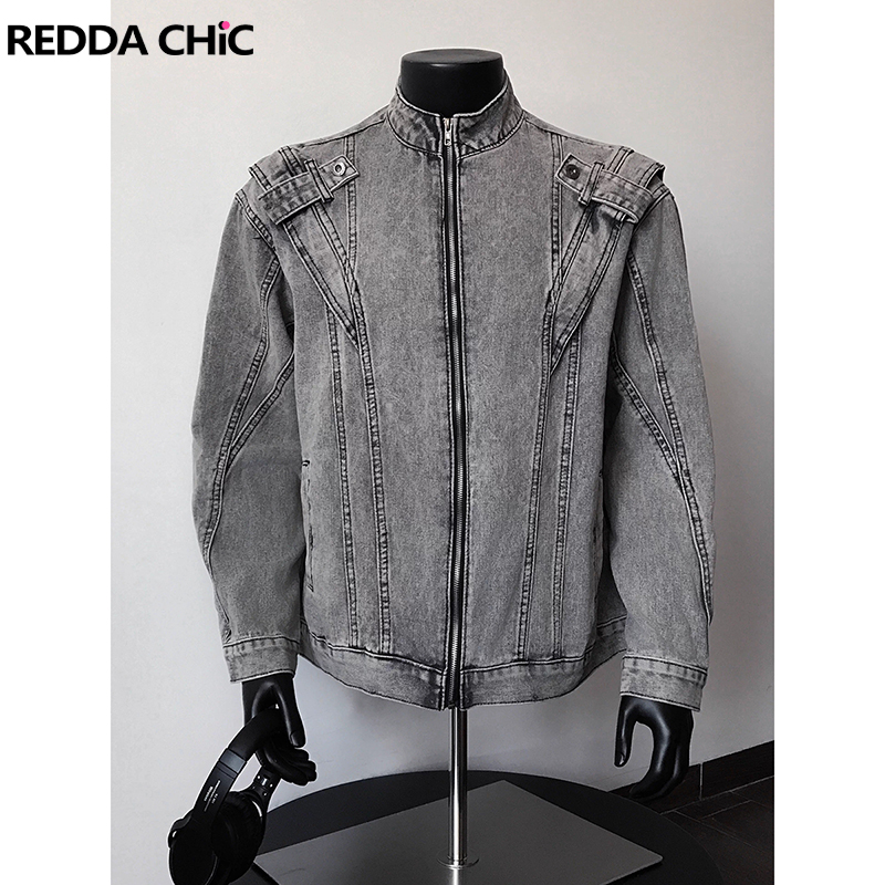 Patchwork Jean Jacket - แจ็คเก็ตยีนส์บอมเบอร์ผู้ชายสไตล์วินเทจยุค 2000 ยี่ห้อ ReddaChic ลุคทำเก่า ซักสีซีด