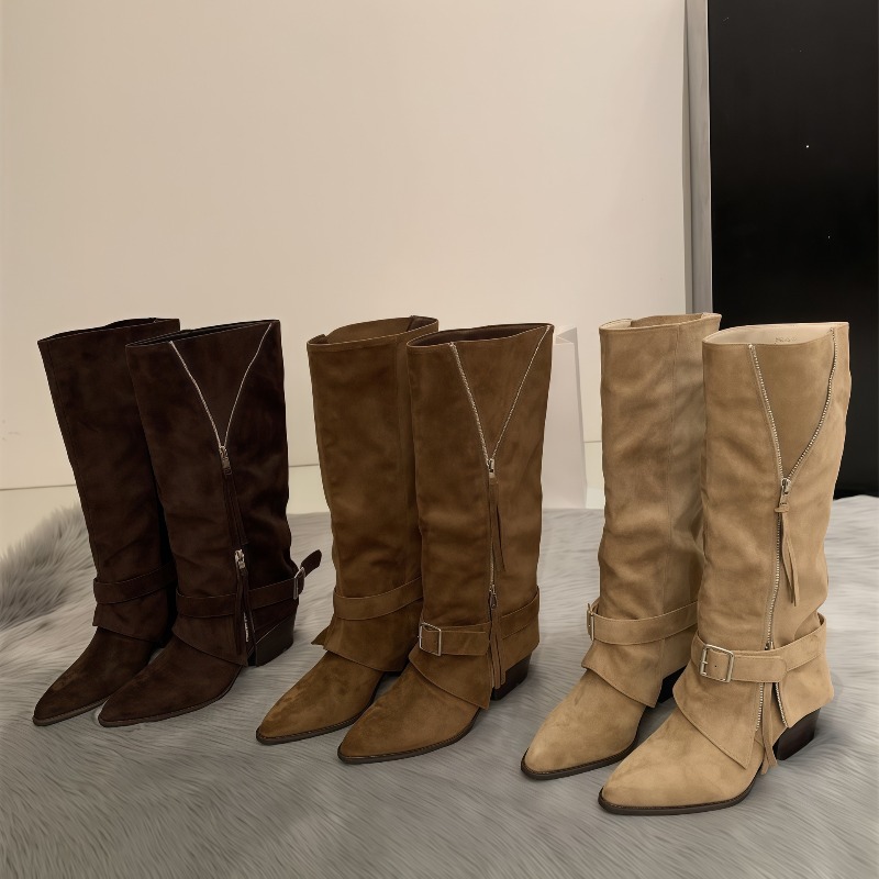 Vintage Fashion Boots - รองเท้าบูทผู้หญิง หนังกลับสไตล์วินเทจ ลำลอง ทรงยาว ปลายแหลม แฟชั่น