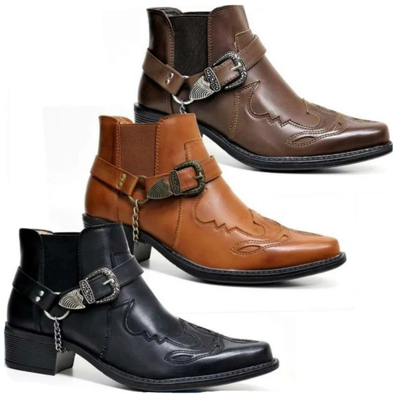 Vintage Fashion Boots - รองเท้าบูทคาวบอยวินเทจหนังแท้ทรงสูงประดับโซ่และหัวเข็มขัดสไตล์พังก์สำหรับผู้ชาย แฟชั่นปี 2026 รองเท้าบูทข้อเท้าทรงแหลมสำหรับนักขี่มอเตอร์ไซค์