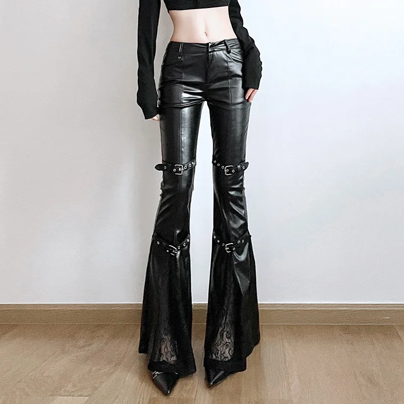 Vintage Fashion Aesthetic - กางเกงทรงบานหนัง PU สำหรับผู้หญิง, หัวเข็มขัดแบบกอธิค, ตกแต่งด้วยผ้าลูกไม้, สตรีทแวร์สไตล์