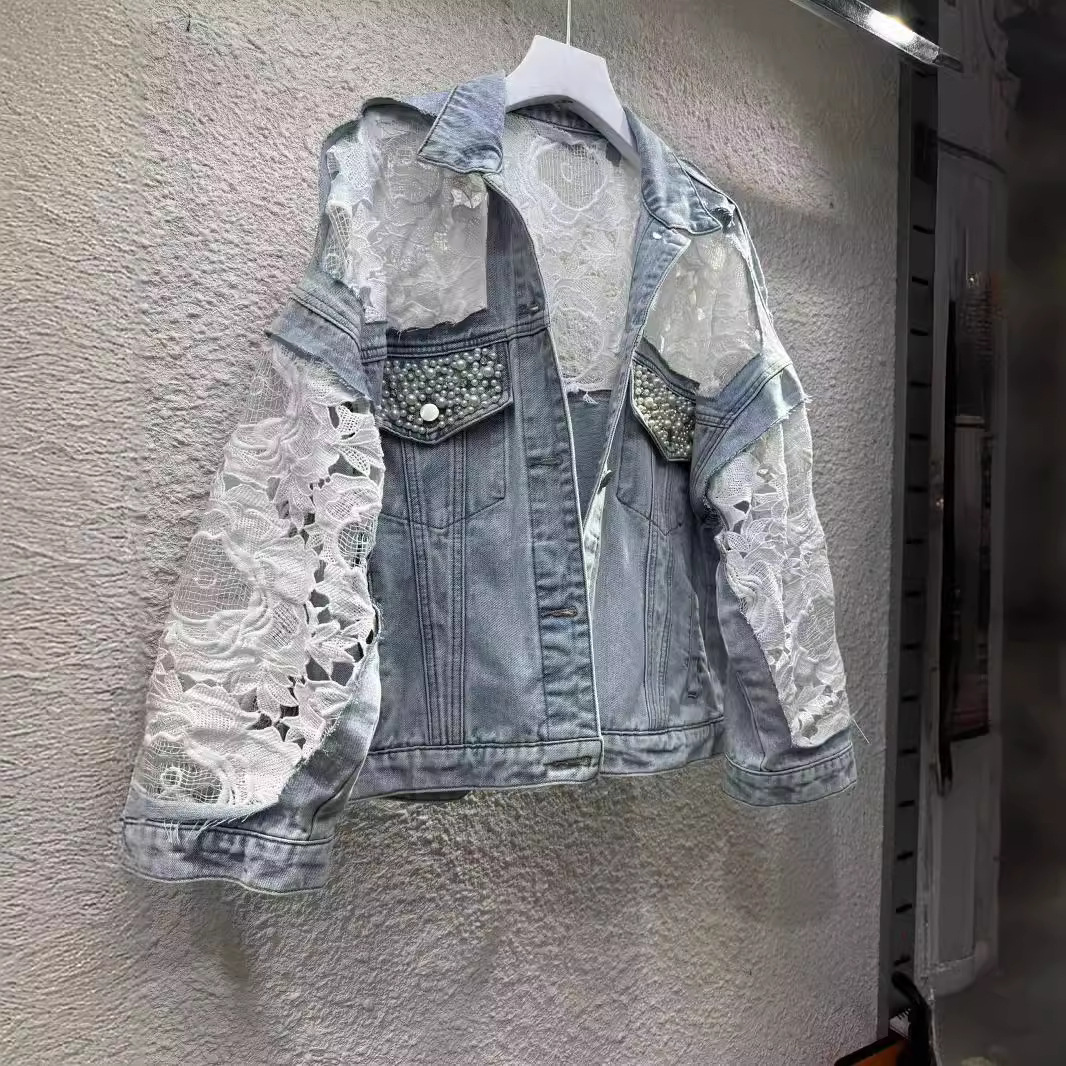 Patchwork Jean Jacket - เสื้อนอกกระดุมแถวเดียวทรงหลวมเสื้อคลุมเดนิมแจ็คเก็ตปักลายประกบคอไข่มุก