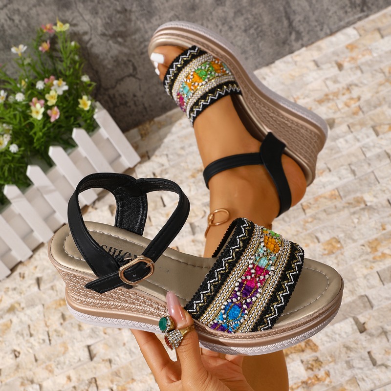 รองเท้าส้นสูงแบบสานสีสันสดใสสำ - Vintage Fashion Female บทวิจารณ์และราคา