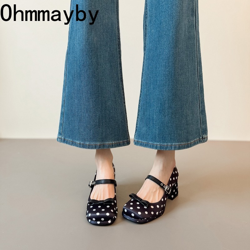 รองเท้าส้นหนาลายจุดสไตล์วินเทจ - Vintage Fashion Female บทวิจารณ์และราคา