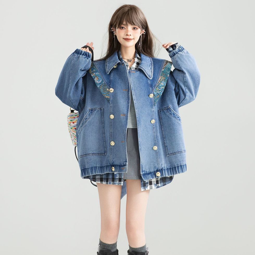 Vintage Denimแจ็คเก็ตOutwearผู - Patchwork Jean Jacket บทวิจารณ์และราคา