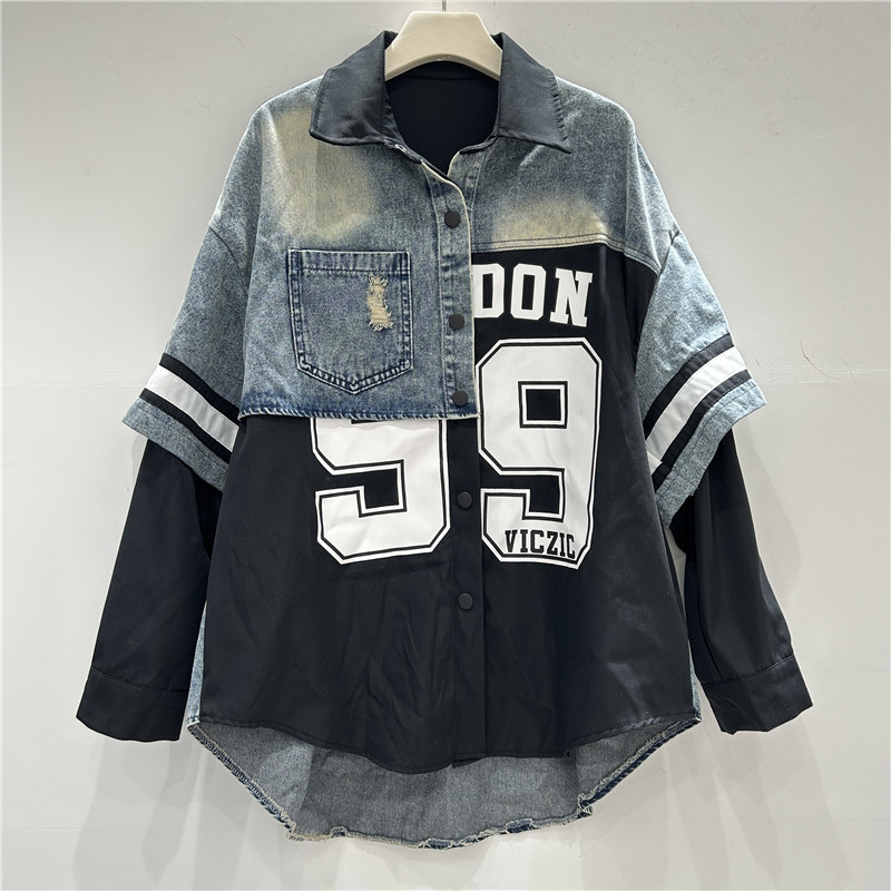 เสื้อแจ็คเก็ตยีนส์สไตล์เรโทรสำ - Patchwork Jean Jacket บทวิจารณ์และราคา