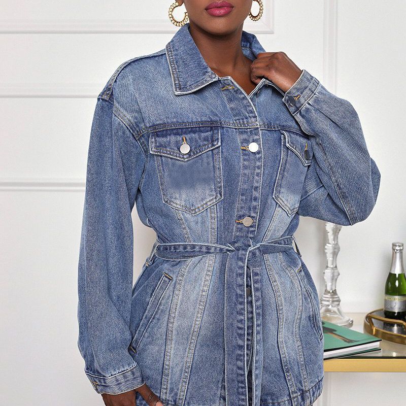 DENIM Coat ผู้หญิงความยาวกลางเ - Patchwork Jean Jacket บทวิจารณ์และราคา